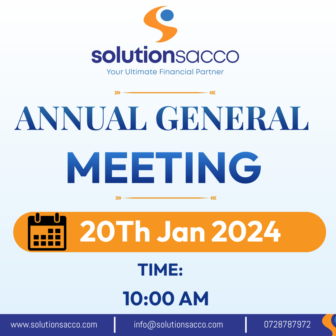 Sol_Sacco's tweet photo. Dear Member,
Our AGM will be held on Saturday 20/01/2024 at Gikumene Primary , the event will also be live here on Facebook .
#yourultimatefinancialpartner
#solutionsacco https://t.co/wPOESsGigr