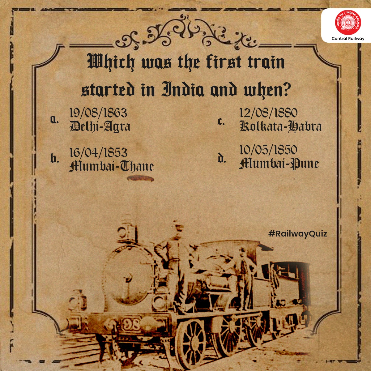 🚂 All aboard the nostalgia express! 🕰️ Can you guess which iconic train kickstarted India's rail journey? Comment your answers below! 🌐 

#IndianRailways #RailwayHistory #QuizTime #RailsOfHistory