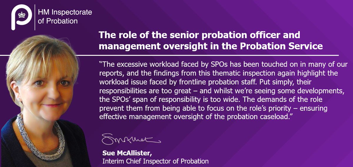 Interim Chief Inspector of Probation, Sue McAllister highlights a key finding from our new thematic report, The role of the senior probation officer and management oversight in the Probation Service. justiceinspectorates.gov.uk/hmiprobation/i…