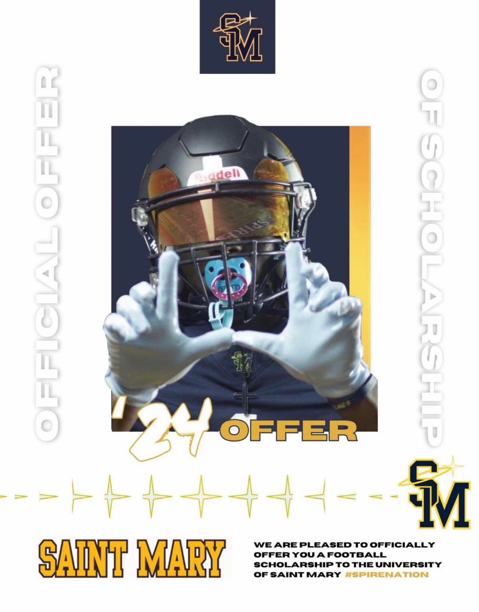 After a great talk with @coachfern5 im blessed by god to receive my first collegiate offer from the University of Saint Marys @Spire_Football @CoachLHinson @CoachGlennUSM