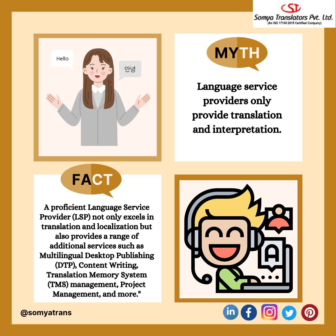 Unraveling the myths and revealing the facts! 🌐Contrary to common belief, a skilled Language Service Provider (LSP) doesn't just translate and localize. Dive into a world of multiple services by tapping the link below🚀📚 
shorturl.at/ejkG9
#LanguageServices #MythsAndFacts