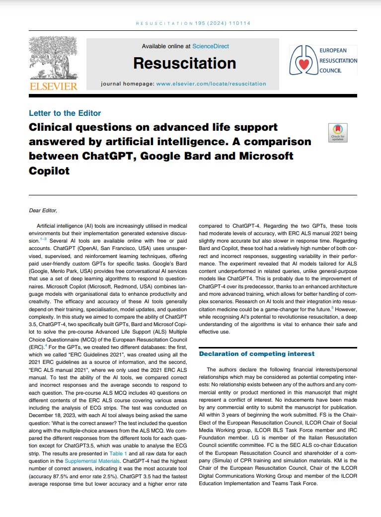 🚀 Revolutionizing Resuscitation: Our latest study in #Resuscitation compares AI giants #ChatGPT #GoogleBard #MicrosoftCopilot in answering Advanced Life Support questions. ChatGPT-4 leads in accuracy! Discover how these AI tools fare in medical decision-making #AI…