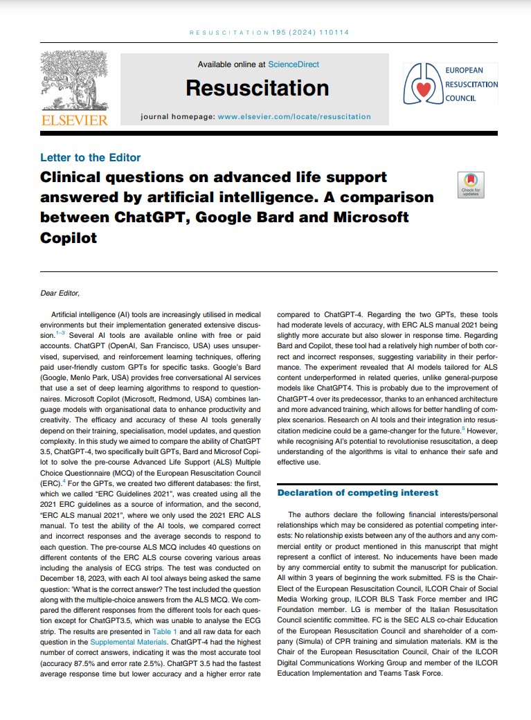 🚀 Revolutionizing Resuscitation: Our latest study in #Resuscitation compares AI giants #ChatGPT #GoogleBard #MicrosoftCopilot in answering Advanced Life Support questions. ChatGPT-4 leads in accuracy! Discover how these AI tools fare in medical decision-making #AI