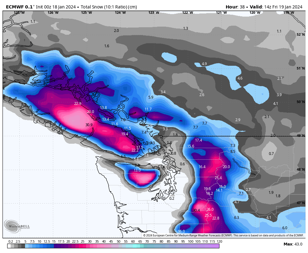 00z euro #snowfall totals until Friday morning. 
10-20cm EVI, 20+cm inland. 
#BCSnow #BCWx #BCStormWatch #Winterstorm #VancouverIsland #BackToRainOnTheWeekend