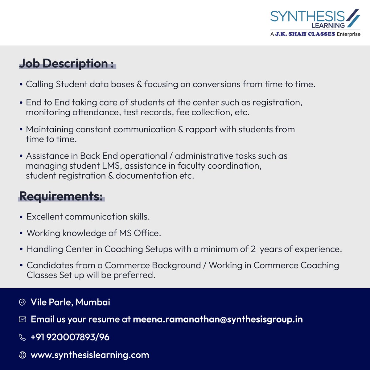 🚨#WeAreHiring!
Are you someone looking to make a career in the Education industry? Then we're looking for you!
📧 Send us your resume at meena.ramanathan@synthesisgroup.in!

#Hiring #HiringAlert #JobOpenings #ContentWriter #ACCA #ACCAGlobal #FutureProfessionals #ACCAIndia