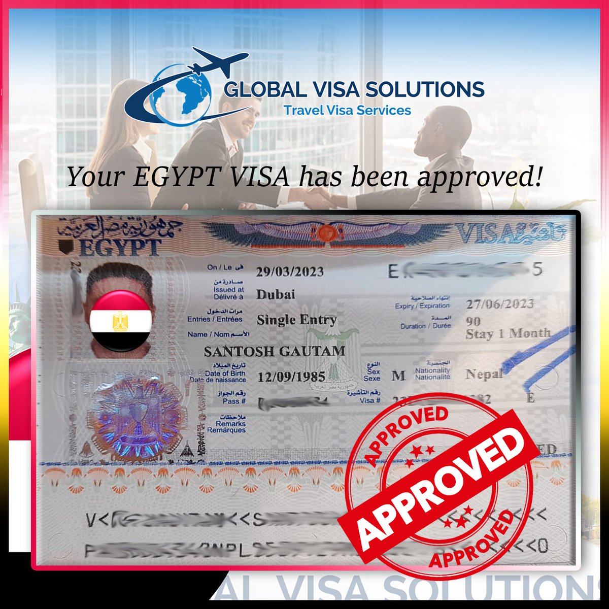 🇪🇬 𝐕𝐈𝐒𝐀 𝐆𝐑𝐀𝐍𝐓𝐄𝐃! 🇪🇬

Excited to share the joyful news of our client’s #egyptvisa approval! Partner with Global VISA Solutions today for your #visaneeds. Who knows, you might be next on our success list! 😍✈