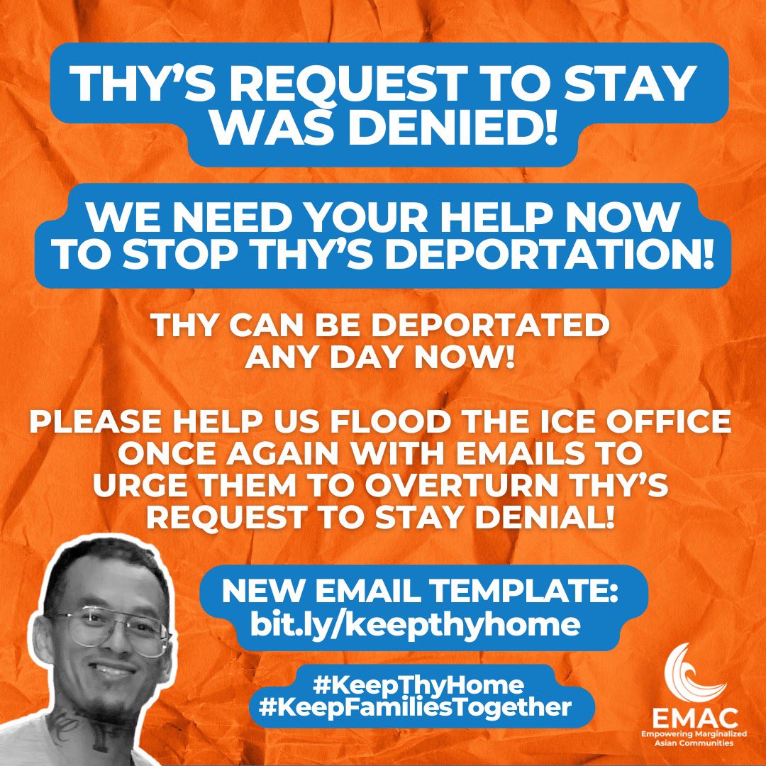 Thy’s request to stay was denied by ICE! 

Help us pressure ICE to overturn their decision by sending an email now! 

Find the new email template at bit.ly/keepthyhome.

#KeepThyHome #KeepFamiliesTogether #JohnnyWokker