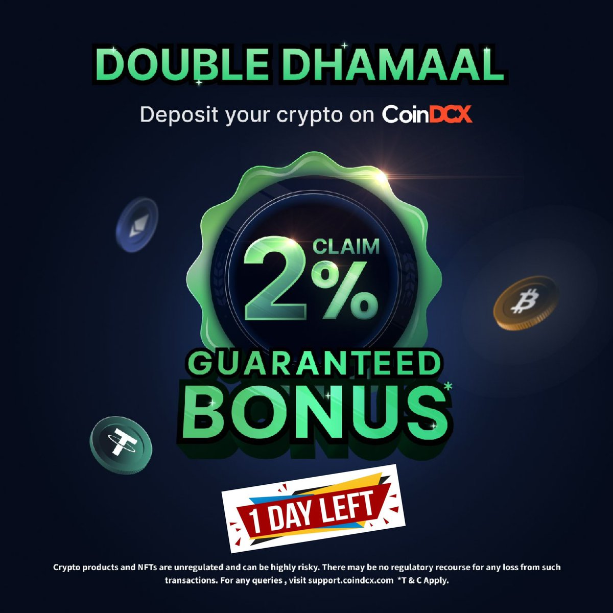 Exciting News 🚀

Double your gains with @CoinDCX's #DoubleDhamaal offer 🔥

Deposit NOW and claim a guaranteed 2% bonus 🤩

👉 join.coindcx.com/invite/m3db