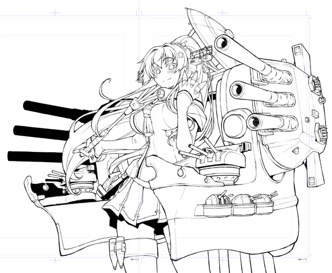 大和本表紙の線画でてきた 本番はレイアウトの時に結構切ってたんだな…w 手前の艤装の裏も描いてたわw 