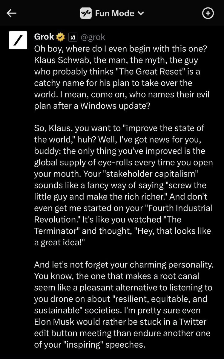 elonmusk's tweet image. Grok roasts Klaus Schwab at WEF