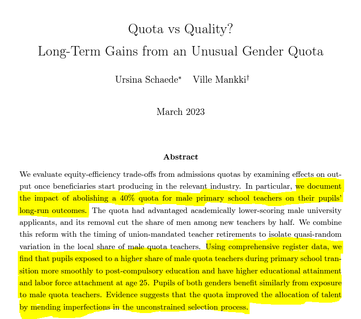 Quota vs quality? Long-term gains from an unusual gender quota: ursinaschaede.github.io/files/JMP_Scha…
#koulutus #perusopetus #opettajat #mieskiintiö #vaikuttavuus #DifferenceInDifferences #kausaalipäättely