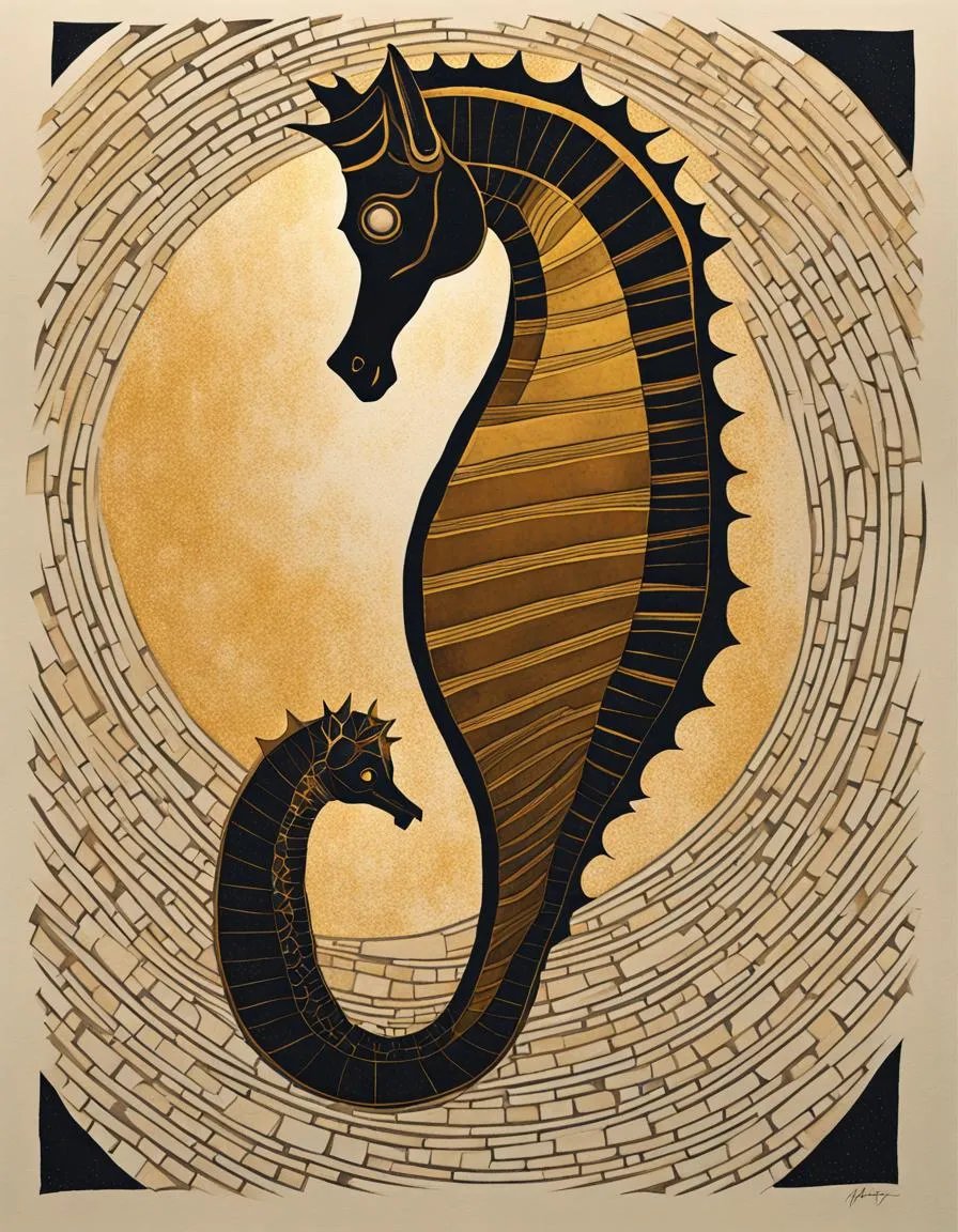 InnyBenben's tweet photo. Prompt: Sometimes we have to ride the flying seahorse, Serrakae - that's just how it is.

Modifiers: meticulous ouroboros cosmic golden hour woodcut... [full list at link]

 - made with @NightcafeStudio 

#AIArt #NightCafe #DigitalArtist
https://t.co/T87vTJJzWz https://t.co/UrfxJhKpHf