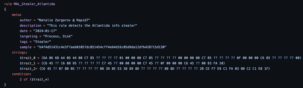 #100DaysOfYara #R7_Labs
Here is a YARA rule to hunt for a new #AtlantidaStealer 
github.com/rapid7/Rapid7-…

checkout the analysis  rapid7.com/blog/post/2024…