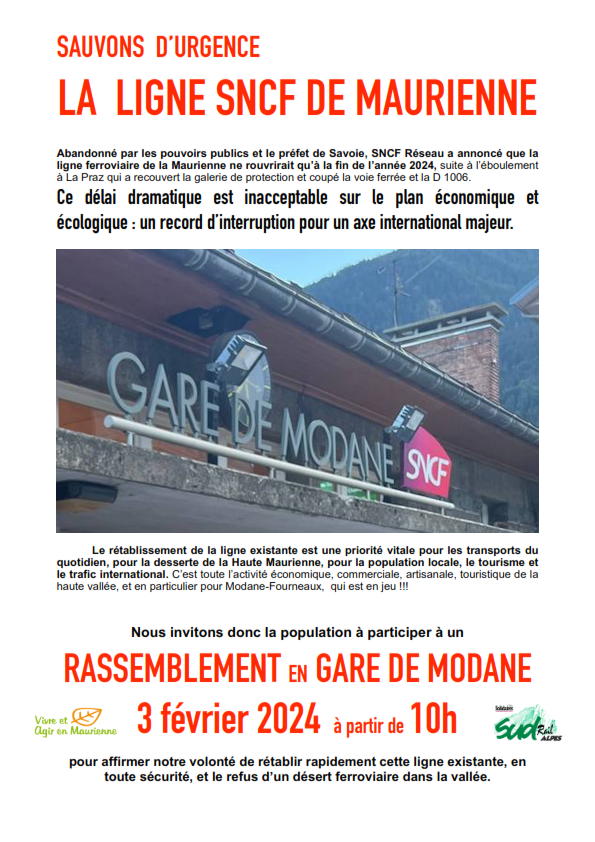 JTroccaz's tweet photo. 🚨 La poursuite de notre combat syndical et citoyen pour la réouverture de la ligne #ferroviaire en Maurienne. 

📅 On se retrouve le samedi 3 février 2024 devant la gare de #Modane à partir de 10 heures. 

@Fede_SUD_Rail @vamaurienne @jfcoulomme @EELVrhonealpes https://t.co/CbRH2mi9ER