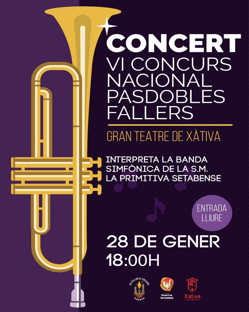 Un any més interpretarem els pasdobles finalistes i una selecció al Concert del VIé Concurs de pasdobles fallers organitzat per la <a href="/JLFXATIVA/">JLF Xàtiva</a> i on col·laborem junt amb <a href="/Xativa/">Ajuntament de Xàtiva</a>
📆Diumenge 28 de Gener
🕑 18:00 h
🏦Gran Teatre de Xàtiva
  Invitacions en la nostra secretaria