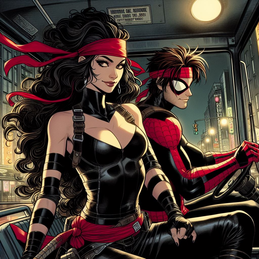 BlackJack89's tweet photo. What If story Peter gets trained by Electra after getting his powers, and they're mercenaries together...who steal buses apparently  #Electra #PeterParker #NinjaSpider #Marvel #MarvelComics #Aiartwork #Ninjabus https://t.co/P2n9USl6Jz