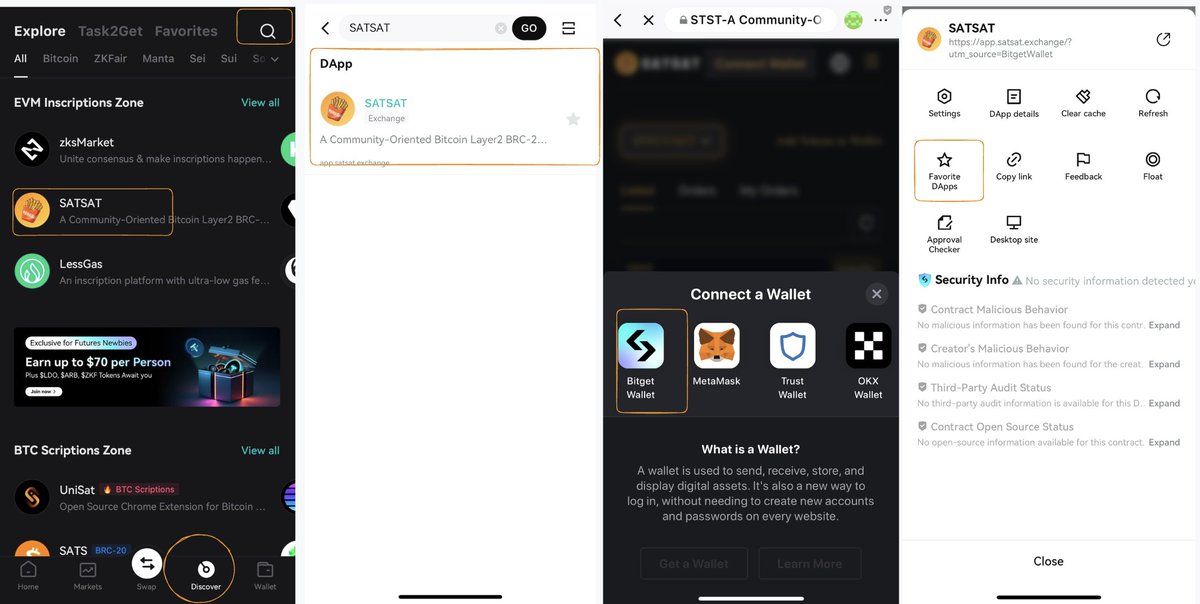 satsatstst's tweet photo. 🍟🌞SATSAT is on @BitgetWallet! You can now trade your #Bitcoin L2 #BRC20 inscription assets right in the #BitgetWallet app!
Simply head over to the "Discover" menu, search "SATSAT" in the search box, enter #SATSAT page, and add SATSAT as your 🌟 favorite dApp🌟!
🍟You can also use #Bitget Wallet on our webpage app to get started!
