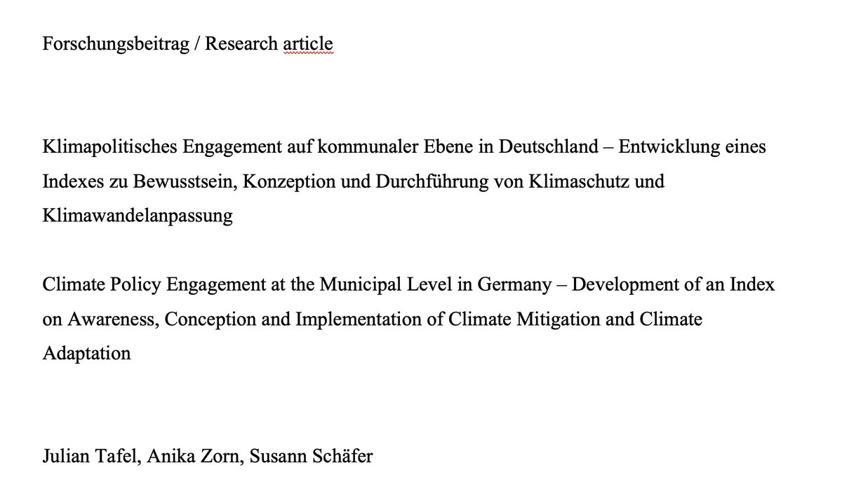 Very happy that our paper on #climatepolicy at the municipal level in Germany has been accepted 🎉

It will be published soon in Spatial Research and Planning
oekom.de/zeitschrift/ra…

#Klimawandel #Kommunen #Mitigation #Anpassung