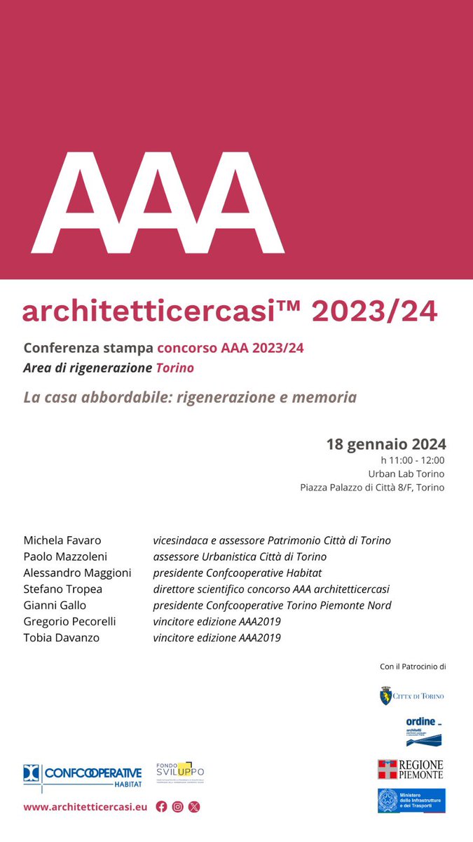 Concorso di architettura  #AAAarchitetticercasi under33 / Oggi la conferenza stampa di presentazione del bando torinese #concorso #giovani #talenti <a href="/HabitatCCI/">Confcooperative Habitat</a> <a href="/Confcooperativ1/">Confcooperative</a> @Alemagion @stefanotropea <a href="/twitorino/">Città di Torino</a> <a href="/Confcoopiemonte/">ConfcoopPiemonte</a> <a href="/ConfPiemNord/">Confcooperative Piemonte Nord</a>