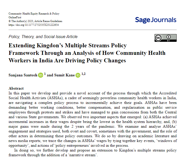 @_sanjana__ @sumitkane of Gokhale Institute publish a novel account of #ASHAworkers in #India achieving policy changes. Showing how 'powerless' #communityhealthworkers built allies strategically amid #pandemic to demand wage hikes @NossalInstitute doi.org/10.1177/275253…