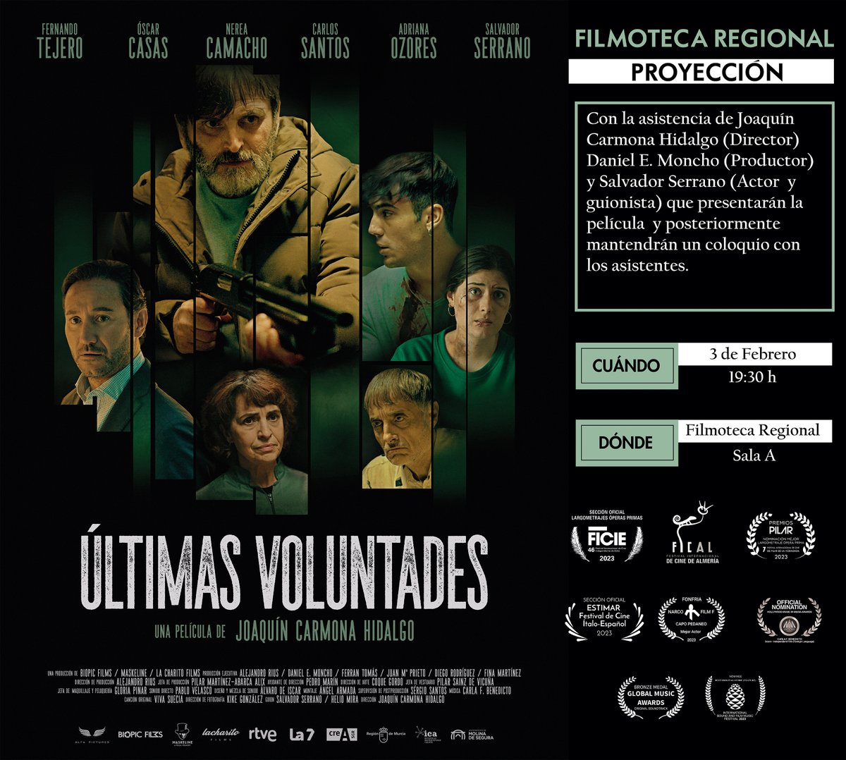 El próximo 3 de febrero a las 19:30h 🕢 se proyectará Últimas Voluntades en la <a href="/FilmotecaMurcia/">Filmoteca Región de Murcia</a>  con  presencia de algunos compañeros del equipo.

📽 Tras la proyección habrá un coloquio para compartir experiencias del proyecto. 🎬

¡Os esperamos! 

#ultimasvoluntadespelicula