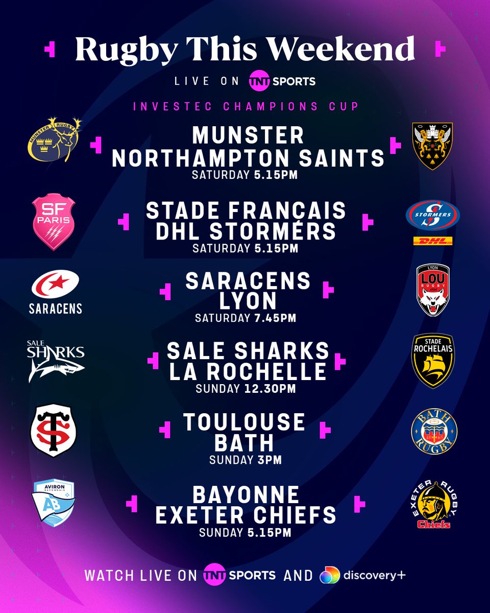 rugbyontnt's tweet photo. The final #InvestecChampionsCup pool round is upon us 💥

Who will make it to the round of 16? Catch all the action live on TNT Sports and @discoveryplusUK 🍿 https://t.co/Hyxm0gzirV