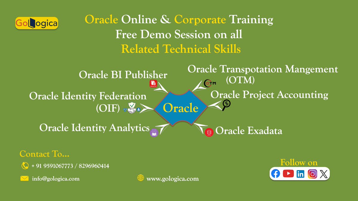 Hi,
Elevate Your Skills with GoLogica's Oracle Courses!

gologica.com/category/oracl…

#GoLogica #OracleCourses #Exadata #OTM #ProjectAccounting #IdentityAnalytics #OIF #BIPublisher #TechTraining #CareerBoost #LearnWithGoLogica  #snowflaketraining #Mulesoft #mulesofttraining #FreeDemo