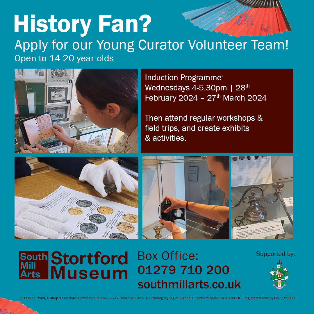 History Fan? Our Young Curator programme is perfect for you! 📝
Find out more and apply by contacting: Jshepherd@southmillarts.co.uk by 30th January 2024!

#whatson #whatsoninstortford #bishopsstortford #stortford #museum #activities #arts #workshops  #southmillarts #localhistory