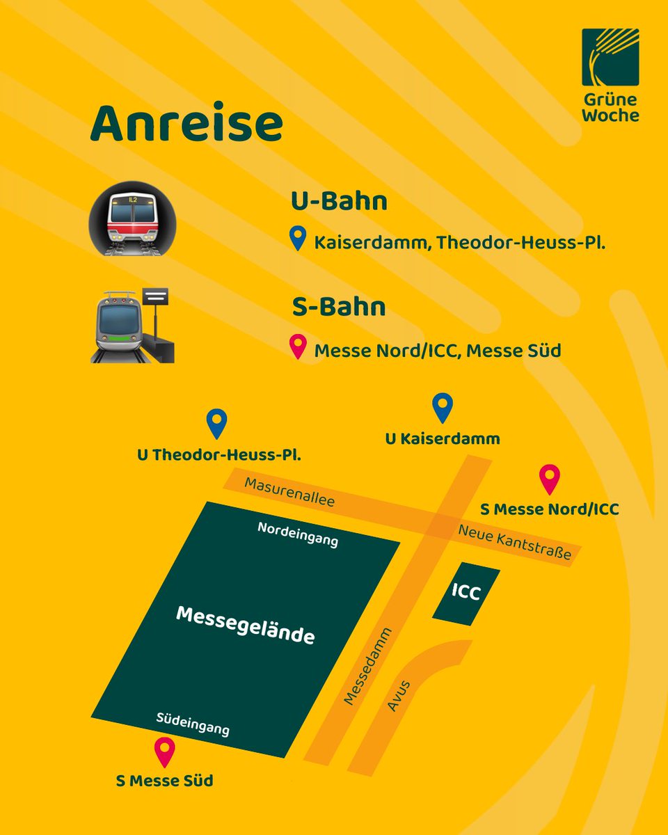 Morgen geht’s los 💚 Unser Tipp: Bitte mit S- und U-Bahn zu uns fahren, da es zu Verkehrseinschränkungen rund um das Messegelände kommen kann. Alle Bahnhöfe hier in der Übersicht. Detaillierte Fahrplanauskunft unter: vbb.de/fahrinfo/ #GW2024 #GrüneWoche