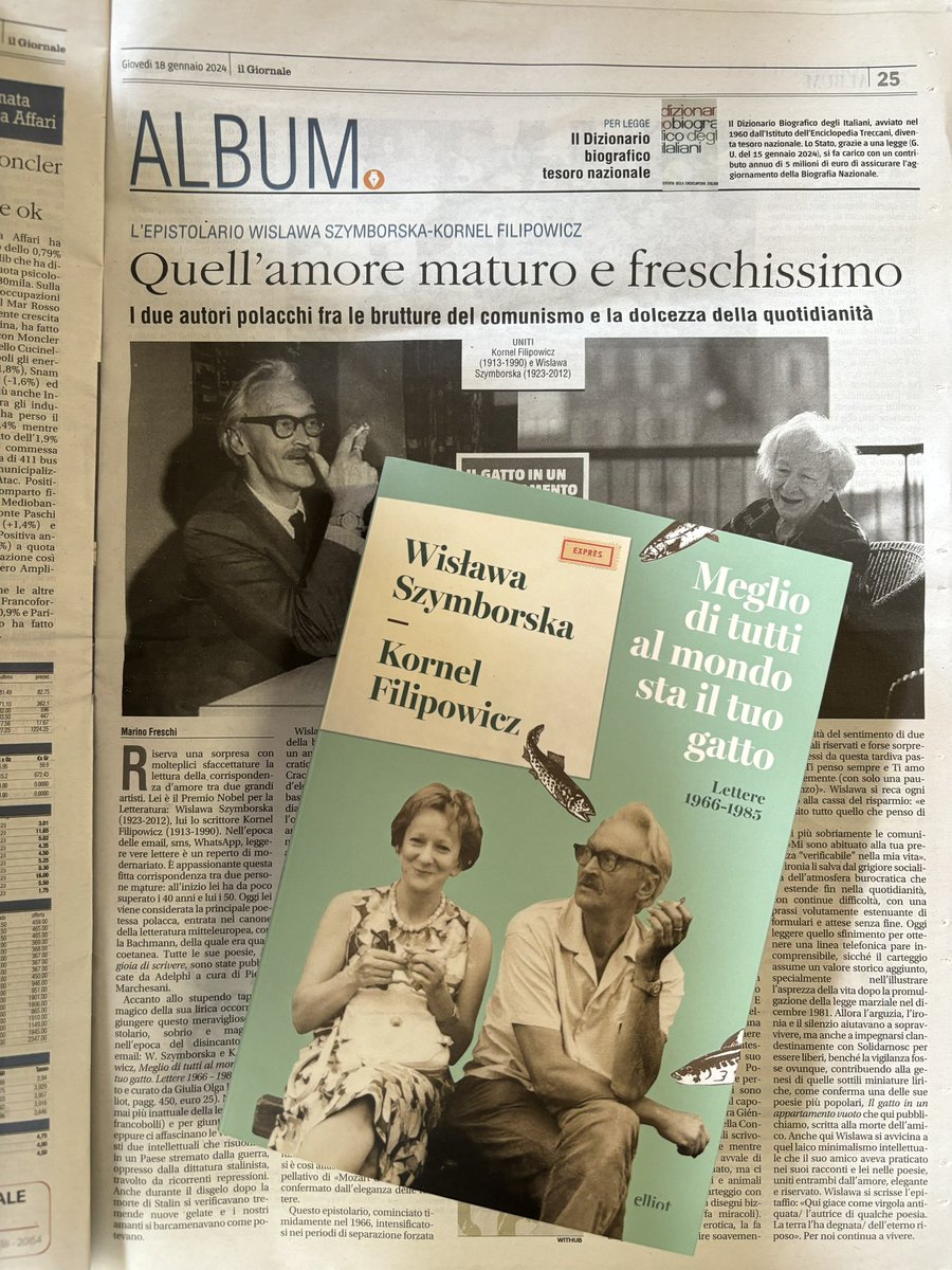 Oggi su Il @ilgiornale Marino Freschi firma una pagina bellissima dedicata a “Meglio di tutti al mondo sta il tuo gatto. Lettere 1966-1985” di W. Szymborska e K. Filipowicz, tradotto da Giulia Olga Fasoli 📚