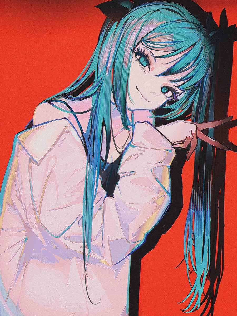 hatsune miku 1girl solo long hair smile red background looking at viewer twintails  illustration images
