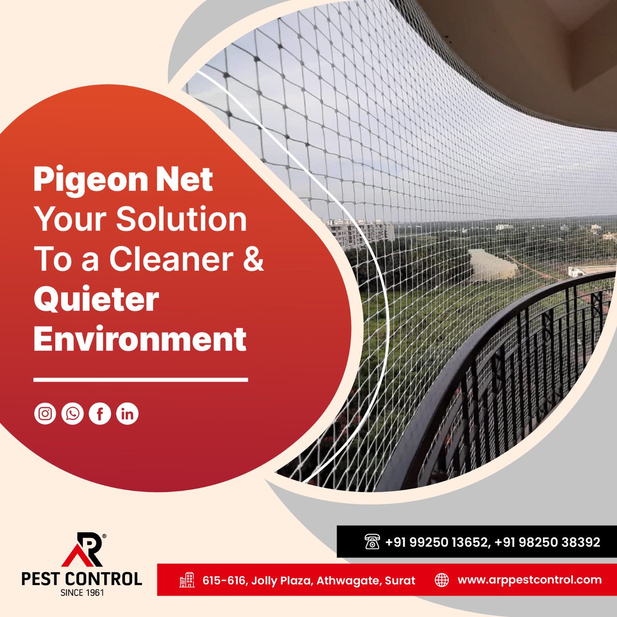 ARP_pestcontrol's tweet image. 🌐 Pigeon Net – Your ticket to a cleaner, quieter lifestyle! Let ARP Pest Control be your guide in creating a harmonious space. 🏡💫

📲Call us: 99250 13652 | 98250 38392
📍Address: 615-616, Jolly Plaza, Athwagate, Surat

#pigeoncontrol #pestcontrol #netting #pigeonnet