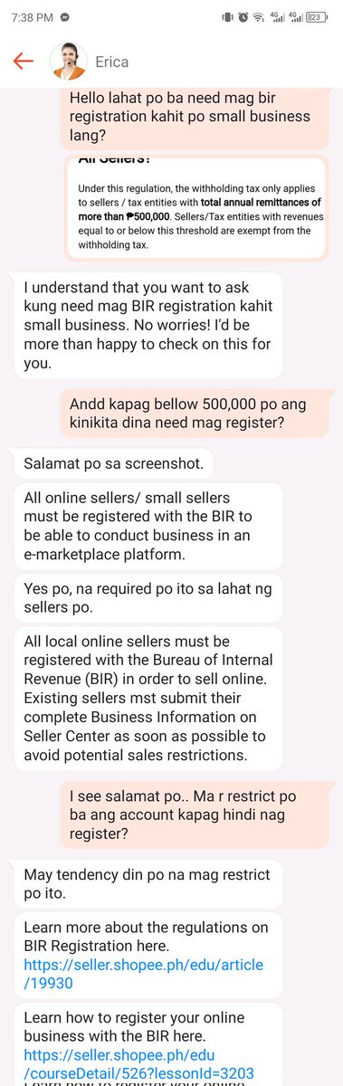 LACHIMinOLALA's tweet photo. Regarding shopee bir registration, sobrang hassle. 

Kahit small business ka lang or just someone na ginagamit ang shopee to ship biyers item, need parin mag register sa BIR. 

Here's my convo with shopee live agent. https://t.co/0cDiR7RHh9