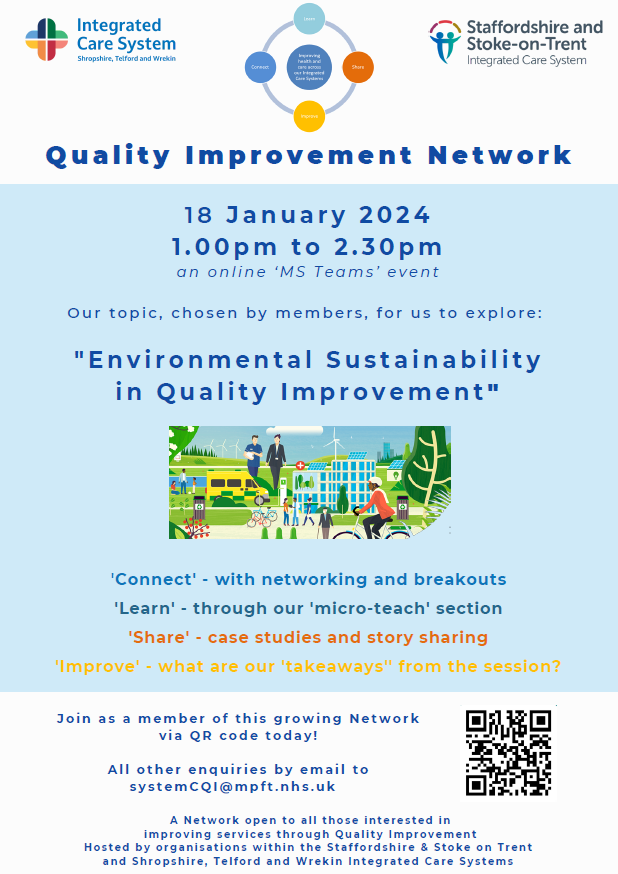 Join us and over 300 QI Network members this afternoon to learn about the topic of Environmental Sustainability in Quality Improvement! Please either scan the QR code for the link or get in touch via email systemcqi@mpft.nhs.uk