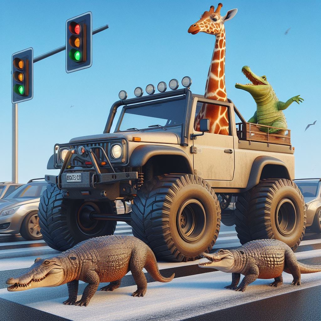 Daily Bing create.
"Off road car with big wheels. Giraffe is driver. Aligators on crossing. Highway. style: photorealistic."
#bingcreate #AIImage