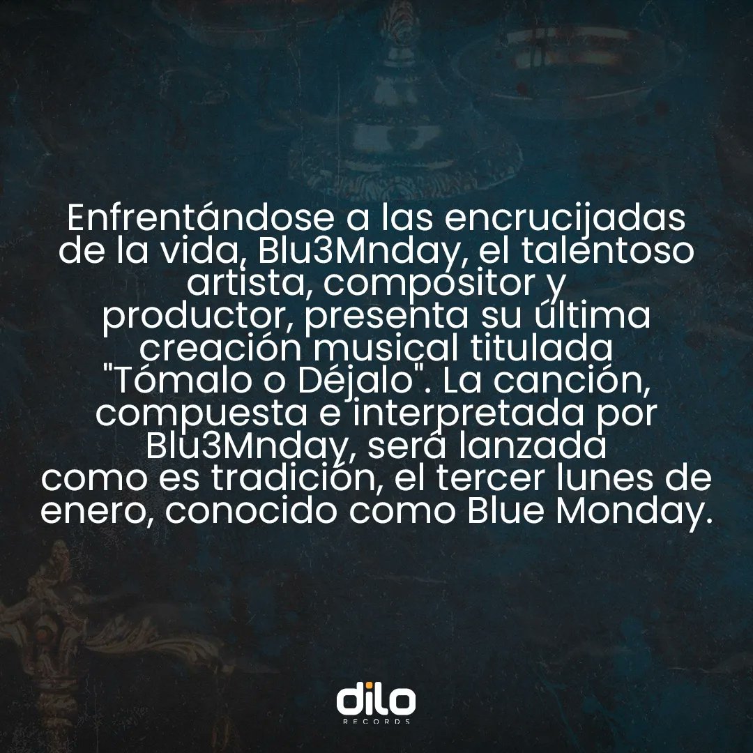 Nos complace presentar a todos nuestros seguidores el nuevo lanzamiento #TomaloODejalo de nuestro artista <a href="/Blu3Mnday/">Blu3Mnday</a> 💙

Un tema que invita a reflexionar sobre las decisiones que tomamos en la vida e ir más allá

Ya disponible en las apps de música
#jueves #music #GranHermano