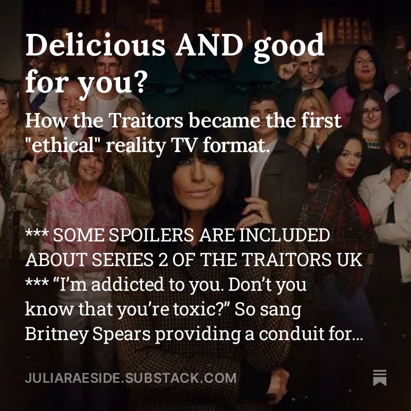 I HAD to write about #TheTraitorsUK after last night’s glorious episode. Link here and also in bio linktree. Click on I DARE SAY. open.substack.com/pub/juliaraesi…