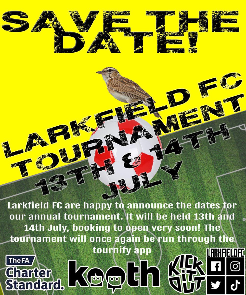 𝑳𝑨𝑹𝑲𝑭𝑰𝑬𝑳𝑫 𝑻𝑶𝑼𝑹𝑵𝑨𝑴𝑬𝑵𝑻 𝟐𝟎𝟐𝟒

“𝐒𝐀𝐕𝐄 𝐓𝐇𝐄 𝐃𝐀𝐓𝐄”

𝐒𝐚𝐭𝐮𝐫𝐝𝐚𝐲 𝟏𝟑𝐭𝐡/𝐒𝐮𝐧𝐝𝐚𝐲 𝟏𝟒𝐭𝐡 𝐉𝐮𝐥𝐲

More details to follow..

#proudcommunityclub #kentgreenunited♻️