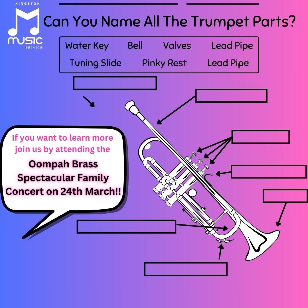 Kingston Music Service (@kingston_music) on Twitter photo Can you name all the parts of the Trumpet? Why not get a head start before our next concert on the 24th March! <a href="/oompahbrass/">Oompah Brass</a> will be performing wonderful and fun covers of popular songs, but also educating everyone on brass instruments! Tickets: buff.ly/3S1yQsu Can you name all the parts of the Trumpet? Why not get a head start before our next concert on the 24th March! <a href="/oompahbrass/">Oompah Brass</a> will be performing wonderful and fun covers of popular songs, but also educating everyone on brass instruments! Tickets: buff.ly/3S1yQsu