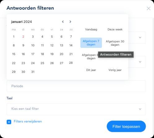 🅟🅡🅞🅓🅤🅒🅣 🅤🅟🅓🅐🅣🅔 

Vaak werken we als in weken, kwartalen, semesters en jaren. 

Als je het net ophaalt na een een onderzoek kan het zijn dat je wilt filteren op bijvoorbeeld "vorige week". 

Check it out in het resultatenoverzicht in het dashboard!