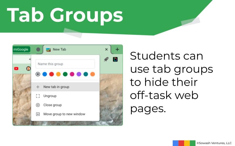 jrsowash's tweet photo. I asked teachers to help me make a list of "sneaky" things that students do on their #Chromebook. Hiding tabs using virtual desks or tab groups was a common concern.

Solution: Use the "switcher" key to see everything a student has open.

#GoogleEDU #TeacherTips https://t.co/ynNSzG0I26