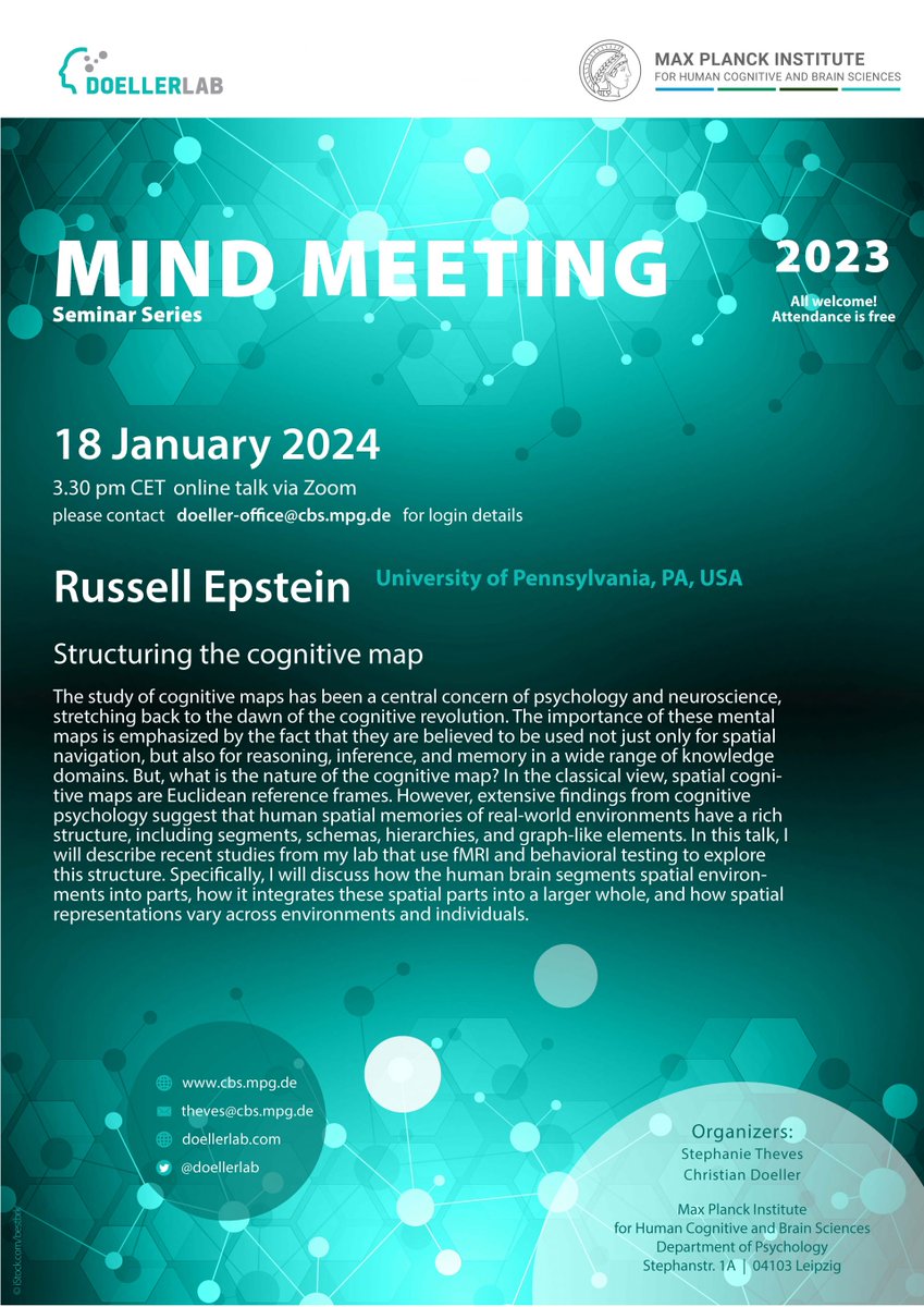'Structuring the cognitive map' - for today's virtual Mind Meeting @MPI_CBS we are excited to host Russell Epstein @epstein_lab Talk starts at 3.30 pm CET, ✉️doeller-office@cbs.mpg.de for login details