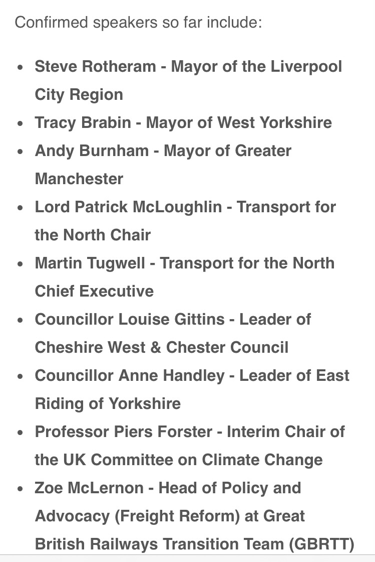 Interesting line-up of speakers at @Transport4North’s annual conference next month. No-one representing Hull but East Riding leader Anne Handley is listed - a devo mayor in the making?