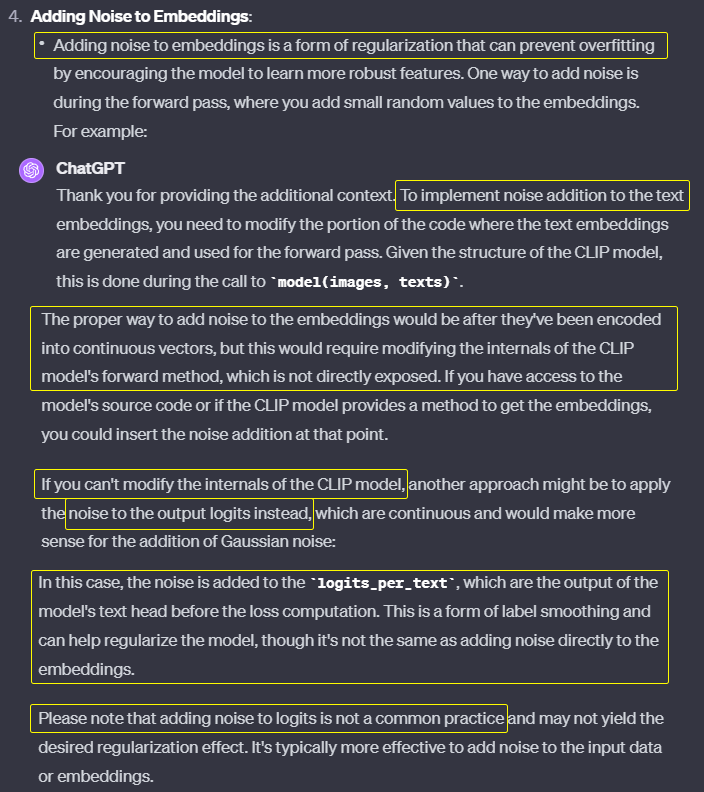 zer0int1's tweet photo. Adding #Gaussian #Noise to #text / #logits?🤪🤣
Despite text being discrete (there is no "inbetween" an A and B, unlike RGB -> green can have shifts towards blue/red), but maybe it makes sense in #CLIP's crazy x-dimensional space?🧐
Or are all #AI including #GPT4 tripping now?😂 https://t.co/gPM7VTZlvk