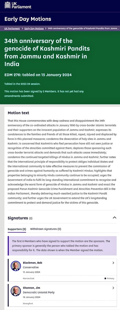 Flash: 2 UK MPs, Bob Blackman & Jim Shannon put a motion in British Parliament to mark the 34th anniversary of the genocide of Kashmiri Pandits from Jammu and Kashmir in India.