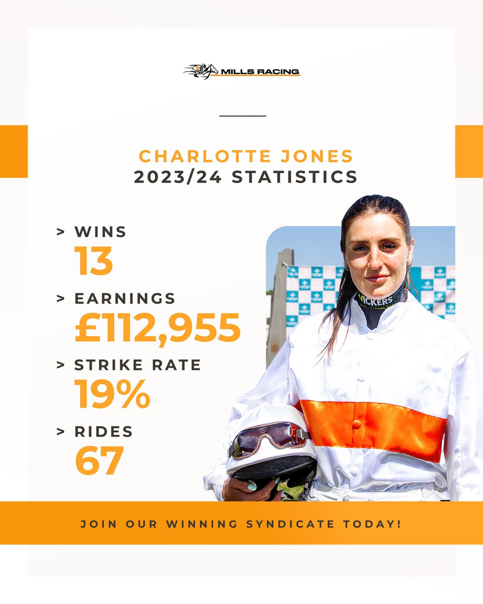 A great season so far for our trainer @JamesMoff1 and stable jockey @charlottejones_ ! We look forward to seeing these two partner in the Mills Racing silks again soon🟠⚪️ Join our winning syndicate today⬇️ 💻 millsracing.co.uk #MillsRacing #RacehorseSyndicate