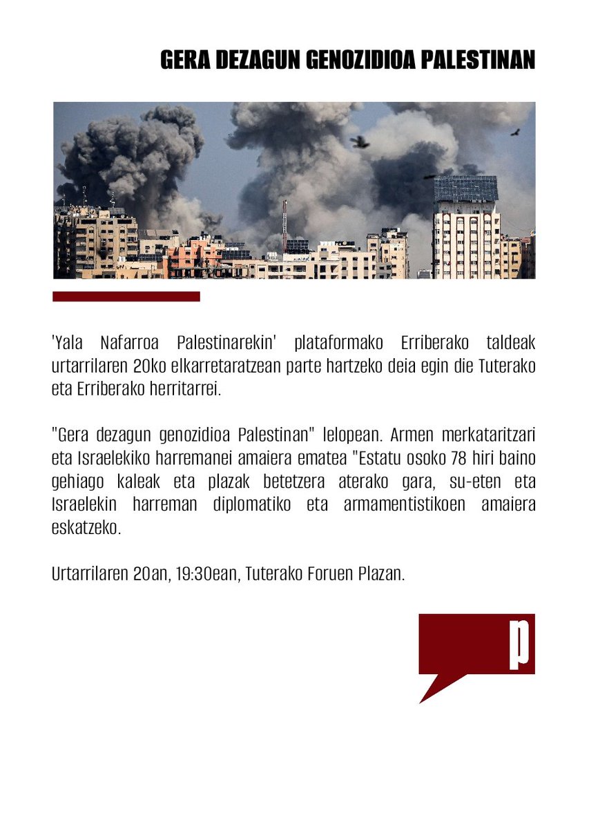 Politika | 🇵🇸

"Yala Nafarroa Palestinarekin" elkarretaratzera deitu du Tuteran.

📍Foruen plazan 
📅 Urtarrilak 20
⏱️ 19:30ean 

#GenozidioaGelditu 🚨
