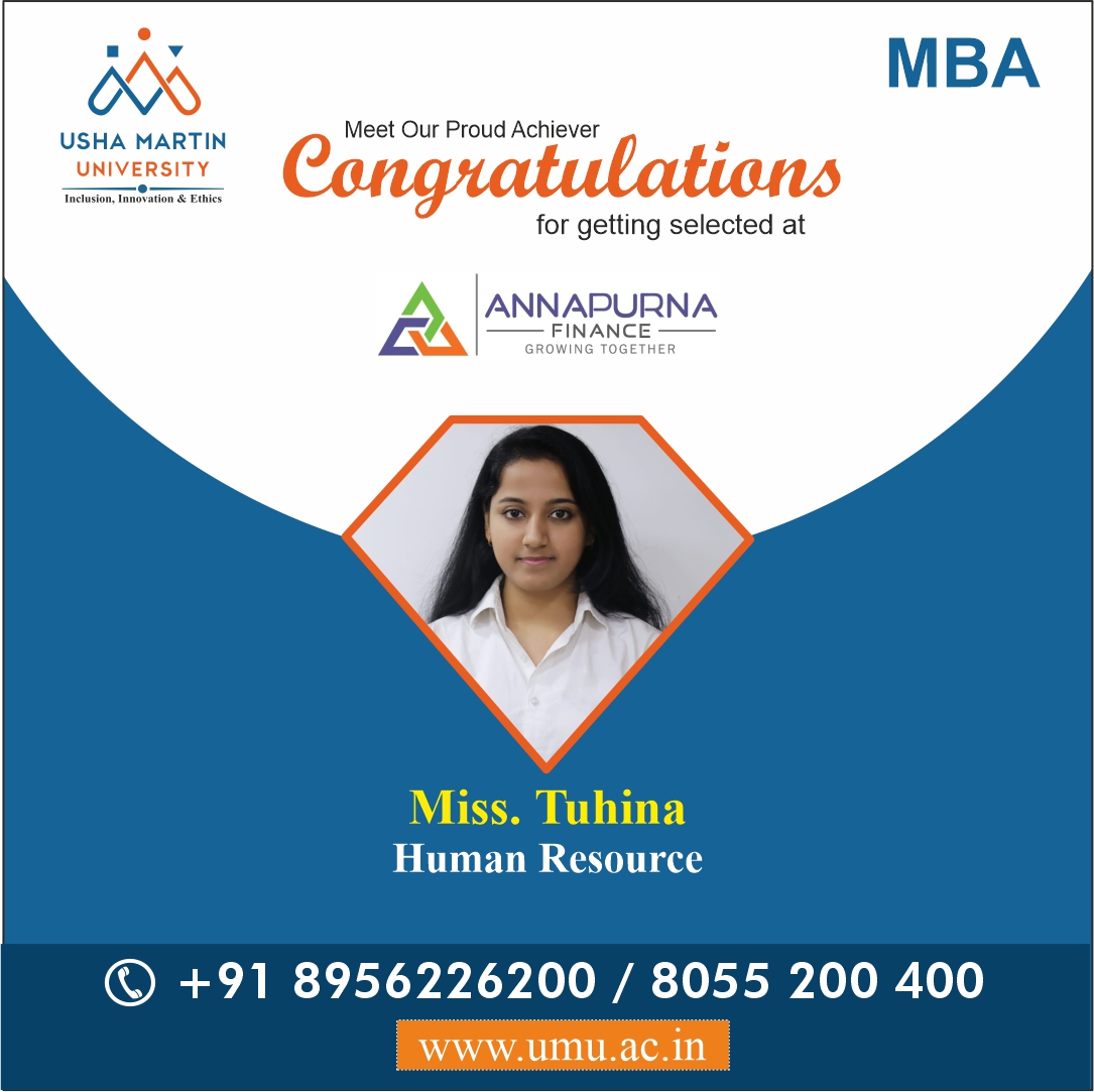 UshaMartinUnv's tweet image. A student of final year, Miss Tuhina from 𝐌𝐁𝐀 𝐃𝐞𝐩𝐚𝐫𝐭𝐦𝐞𝐧𝐭, Usha Martin University has been successfully placed in 𝐀𝐧𝐧𝐚𝐩𝐮𝐫𝐧𝐚 𝐅𝐢𝐧𝐚𝐧𝐜𝐞 𝐏𝐫𝐢𝐯𝐚𝐭𝐞 𝐋𝐢𝐦𝐢𝐭𝐞𝐝 as Human Resource. 
Visit Now: umu.ac.in
#mbaprogramme #placementdrive
