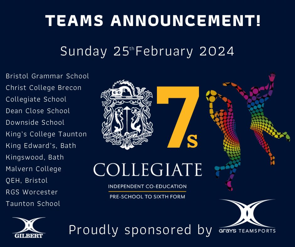 The teams are in! 

Looking forward to welcoming everyone for the #Collegiate7s. 🤝 

@gilbertrugby @englandrugby @englandnetball @welshrugbyunion @rugbyworldmag @walesnetball_ @abingdon_school @bgsbristol @KingswoodSchool @malverncollege @QEHSchool @RGSWorcester @tauntonschool