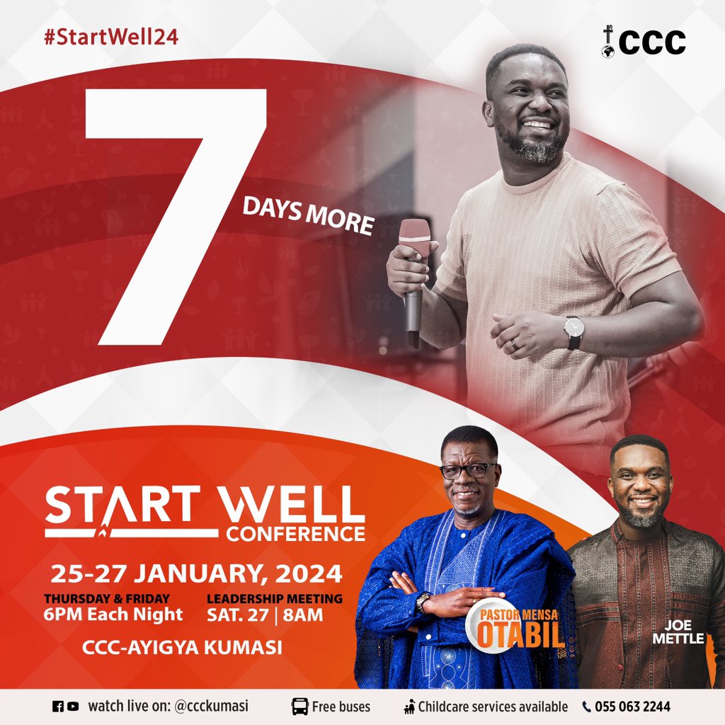 saltcityccc's tweet photo. Join us launch ourselves into new beginnings and a promise of a purposeful startπβ€οΈ
#StartWell24
#ThisIsCCC
#MensaOtabil
#Joemettle
#PastorJoshObeng
#PastorRansfordObeng
#CCCEvents
#CalvaryCharismaticCentre
#CCCKumasi https://t.co/o8YyoKbZpA